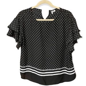 Elle Polka Dot and Striped Black and White LightWeight Flowy Ruffled Sleeved Top